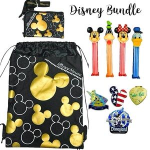 Disney Bundle Mickey Drawstring Bag w/ Wristlet, Pez Dispensers & Collector Pins